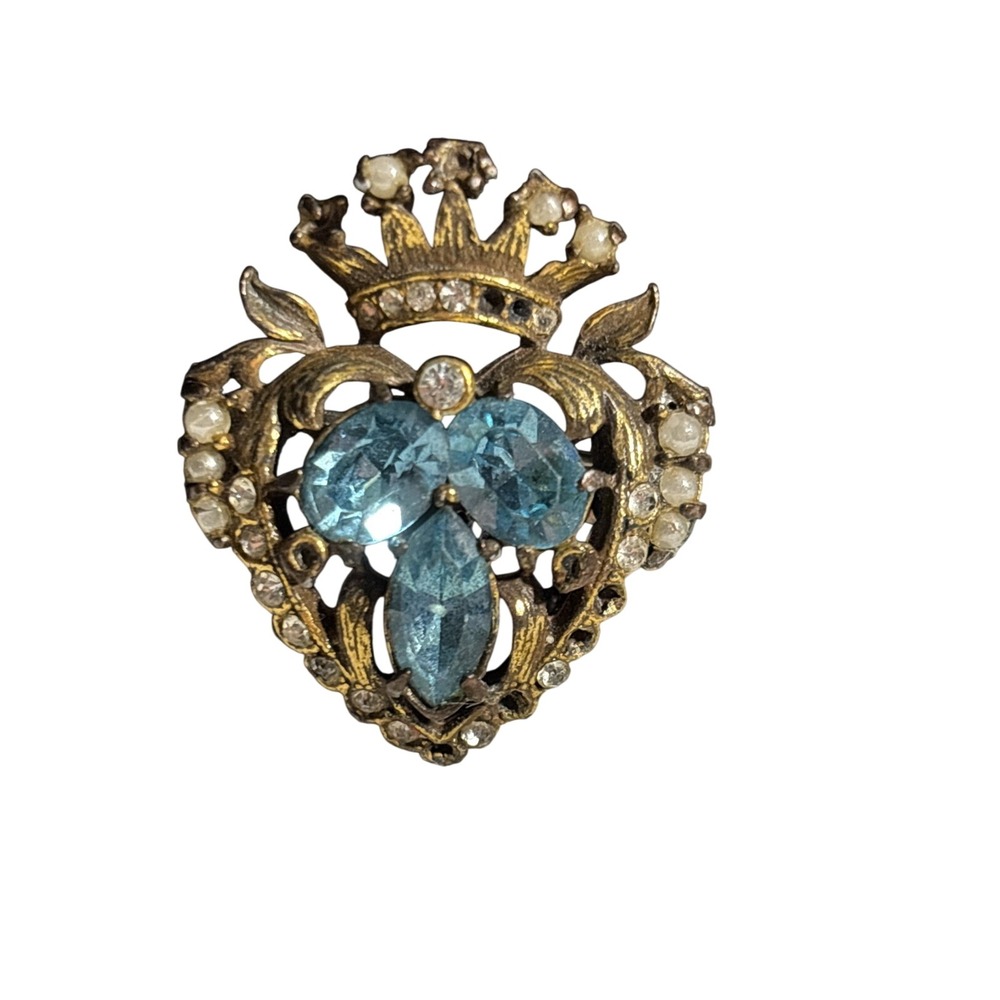 Vintage Coro Crown Heart Brooch Gold Tone Blue Rhinestone Faux Pearl Pin